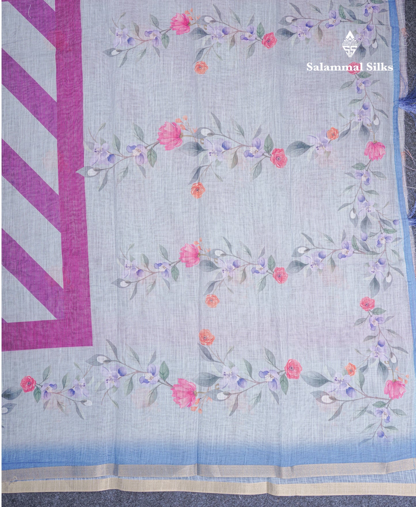 Beautiful Blueish Grey Linen Mix Saree With Flotal Print Small Ribbon Border