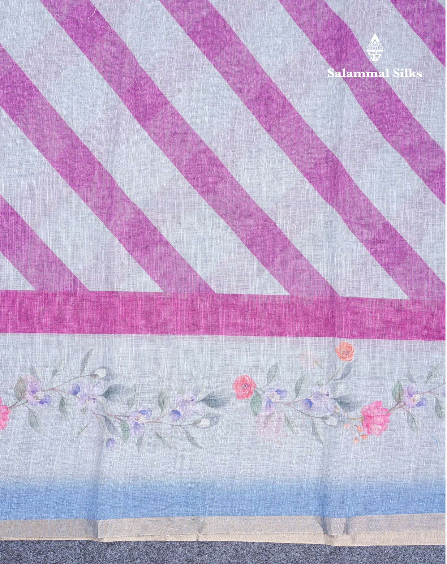Beautiful Blueish Grey Linen Mix Saree With Flotal Print Small Ribbon Border