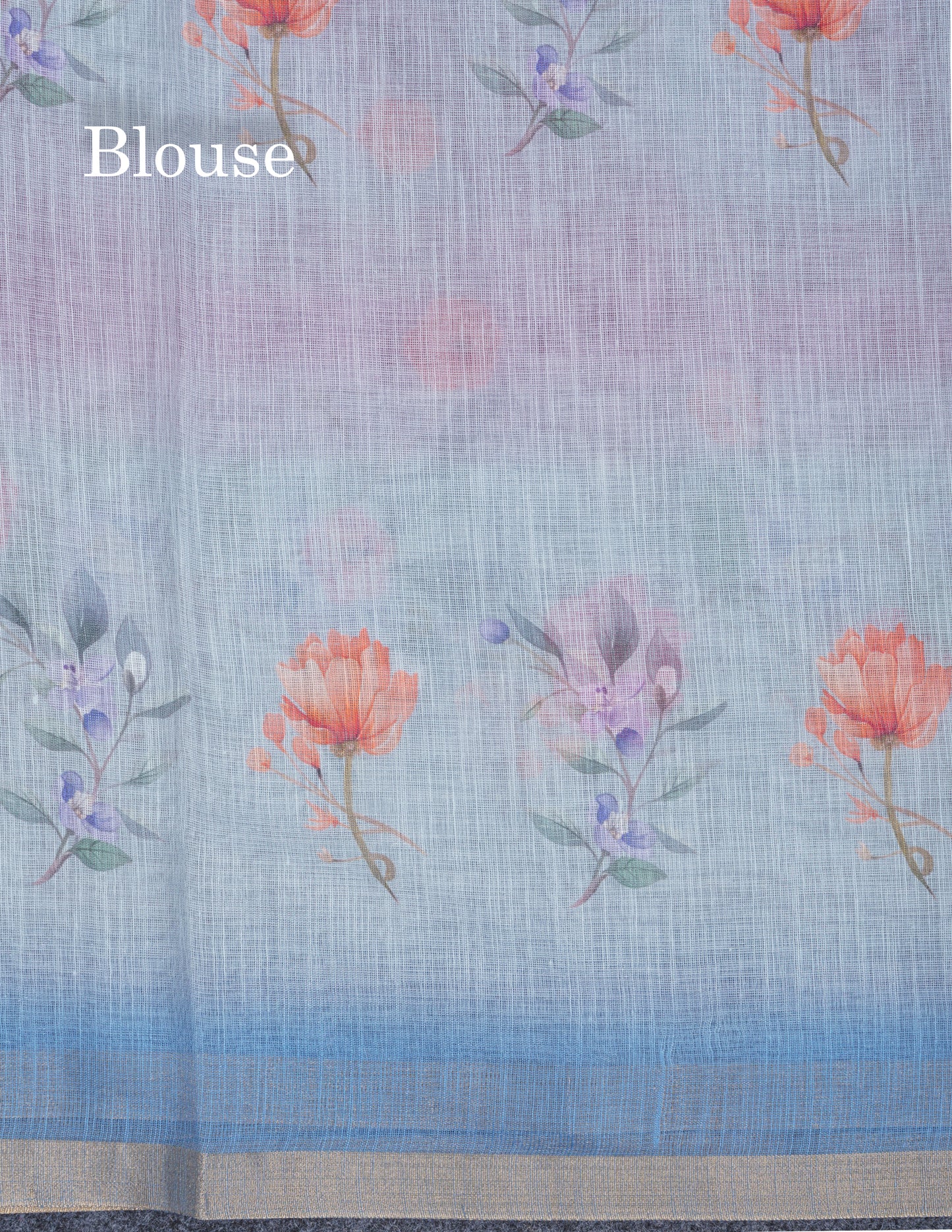 Beautiful Blueish Grey Linen Mix Saree With Flotal Print Small Ribbon Border