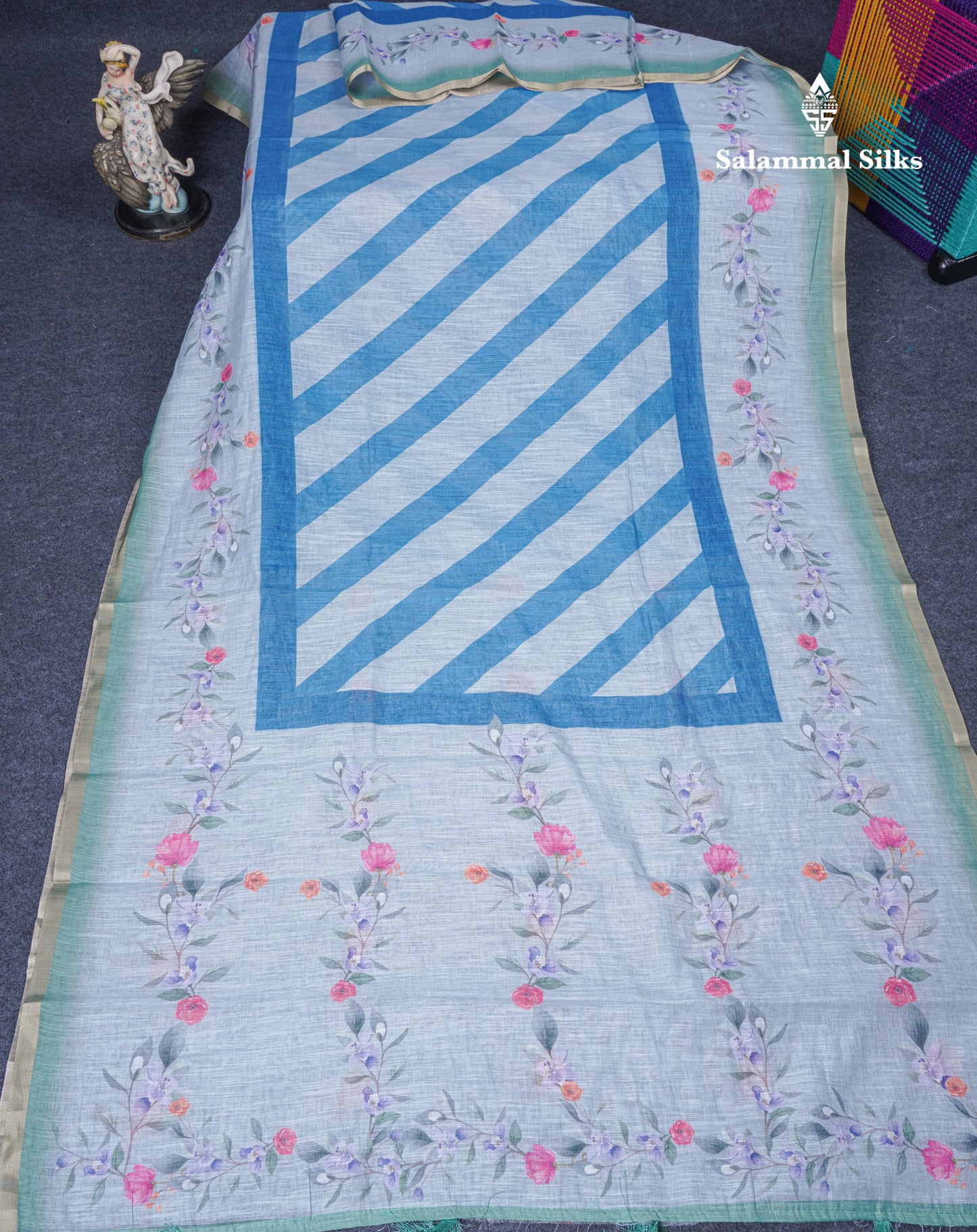 Beautiful Blueish Grey Linen Mix Saree With Flotal Print Small Ribbon Border
