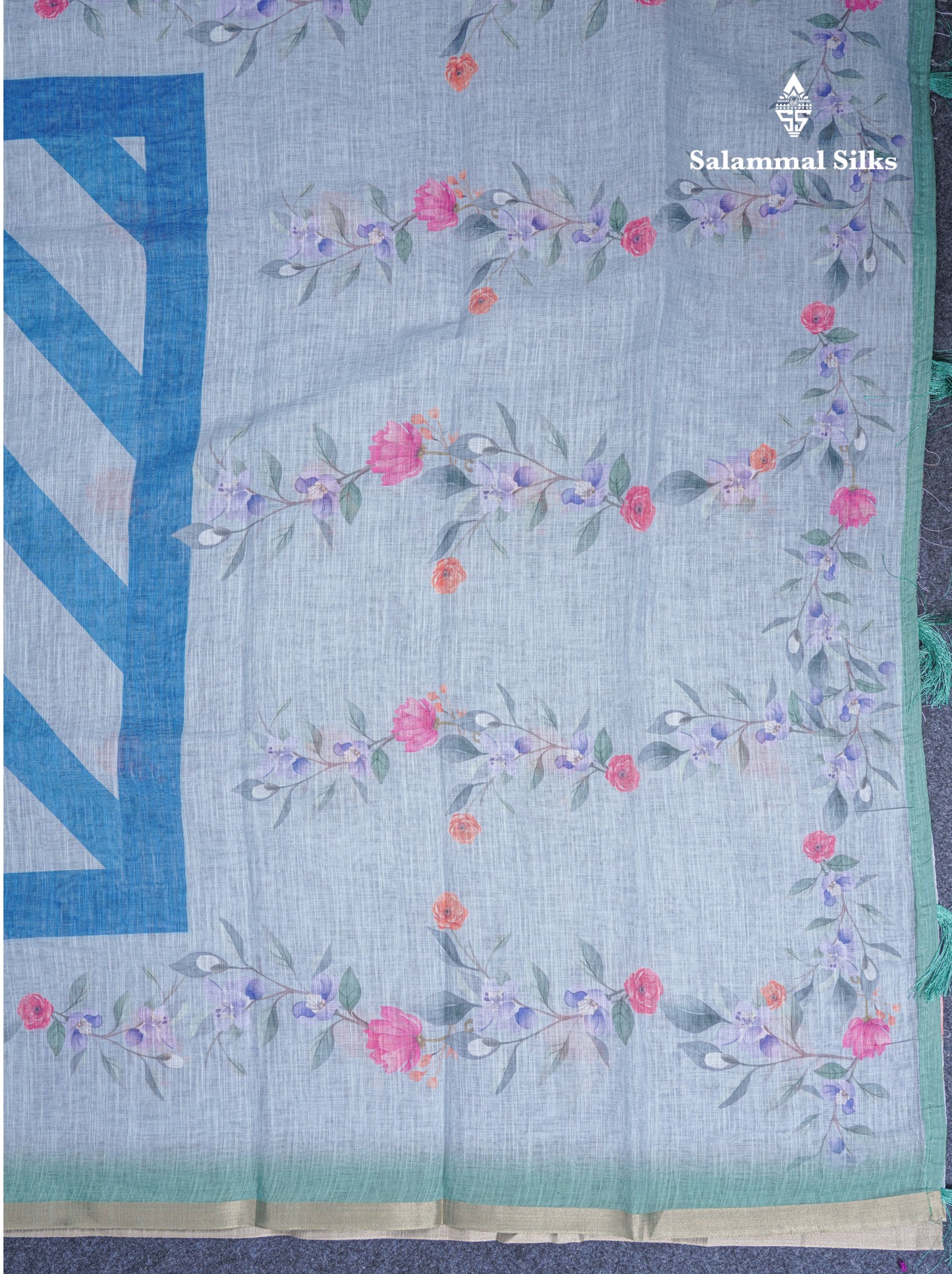 Beautiful Blueish Grey Linen Mix Saree With Flotal Print Small Ribbon Border