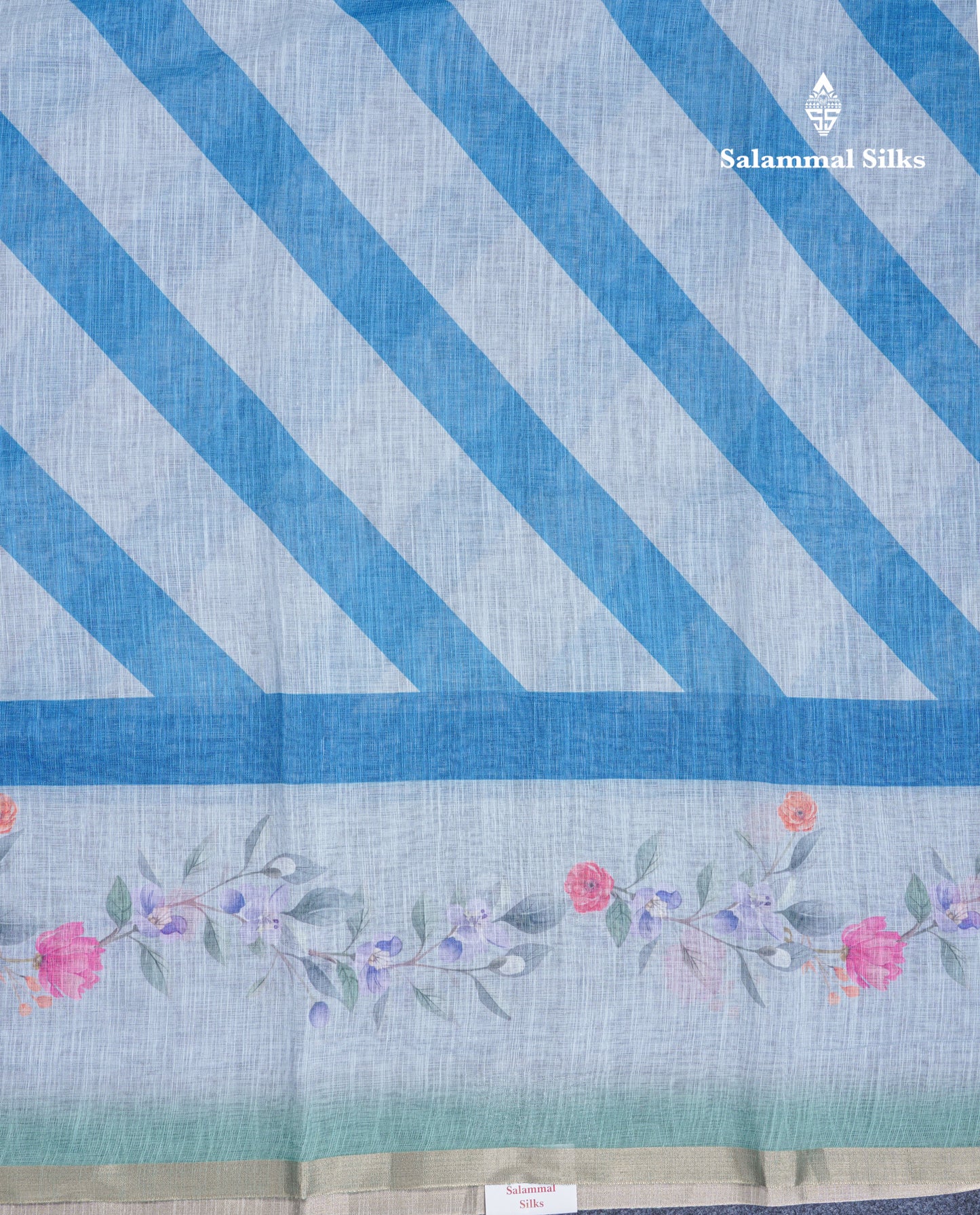 Beautiful Blueish Grey Linen Mix Saree With Flotal Print Small Ribbon Border