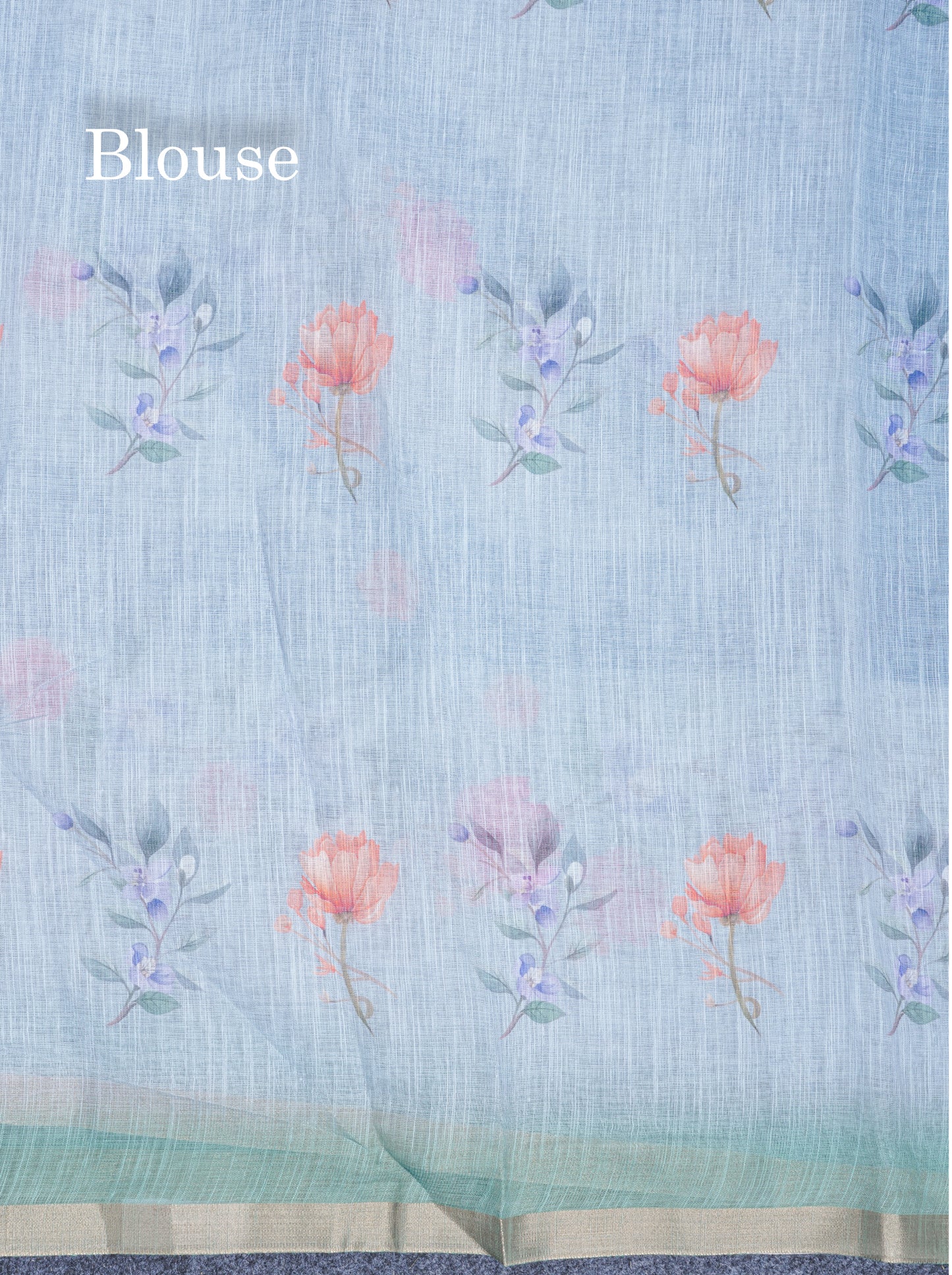 Beautiful Blueish Grey Linen Mix Saree With Flotal Print Small Ribbon Border
