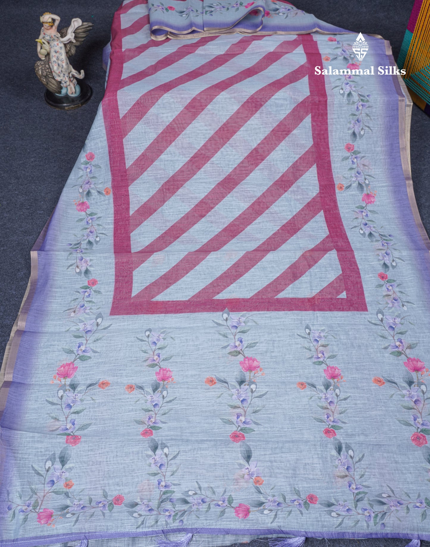 Beautiful Blueish Grey Linen Mix Saree With Flotal Print Small Ribbon Border