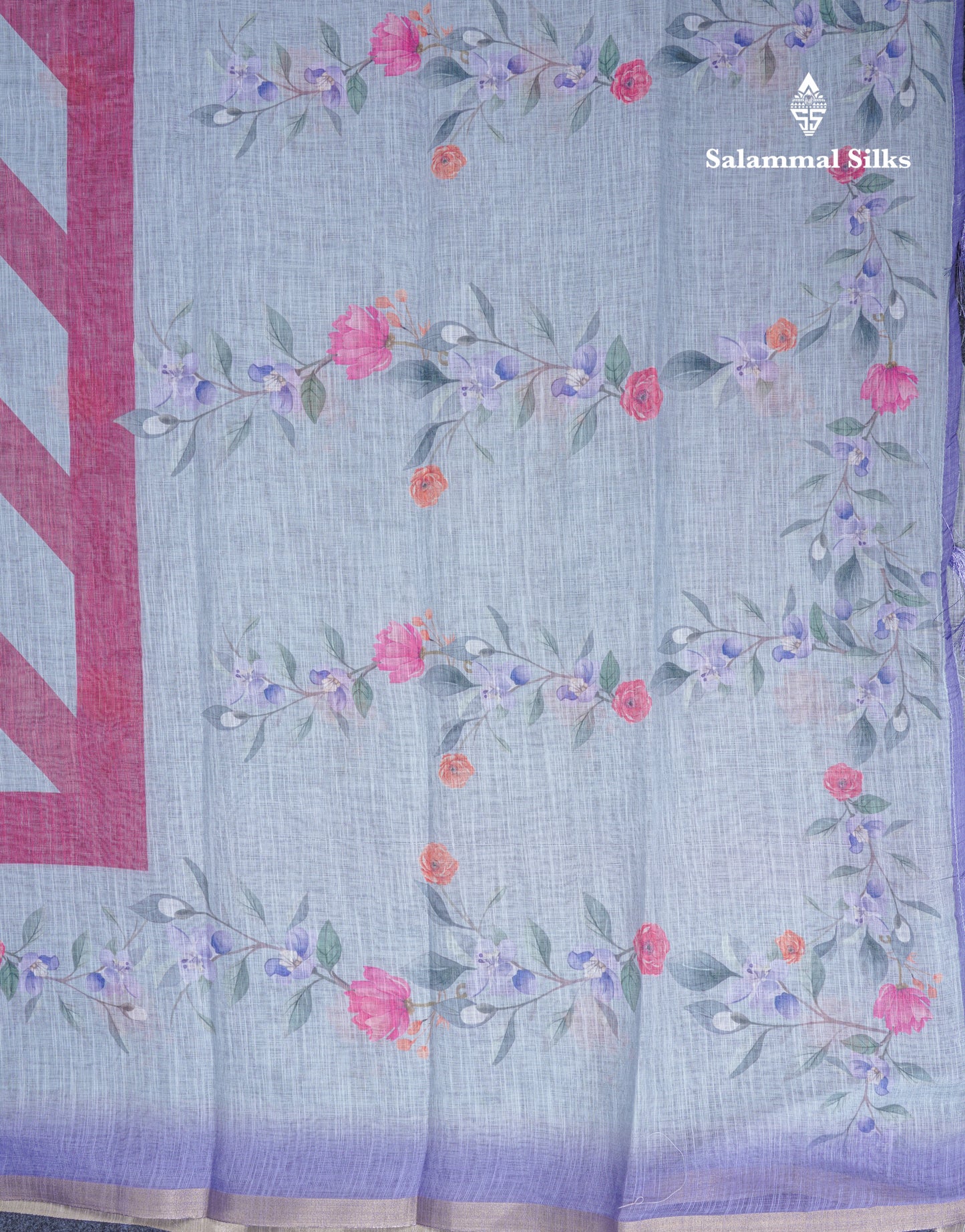 Beautiful Blueish Grey Linen Mix Saree With Flotal Print Small Ribbon Border