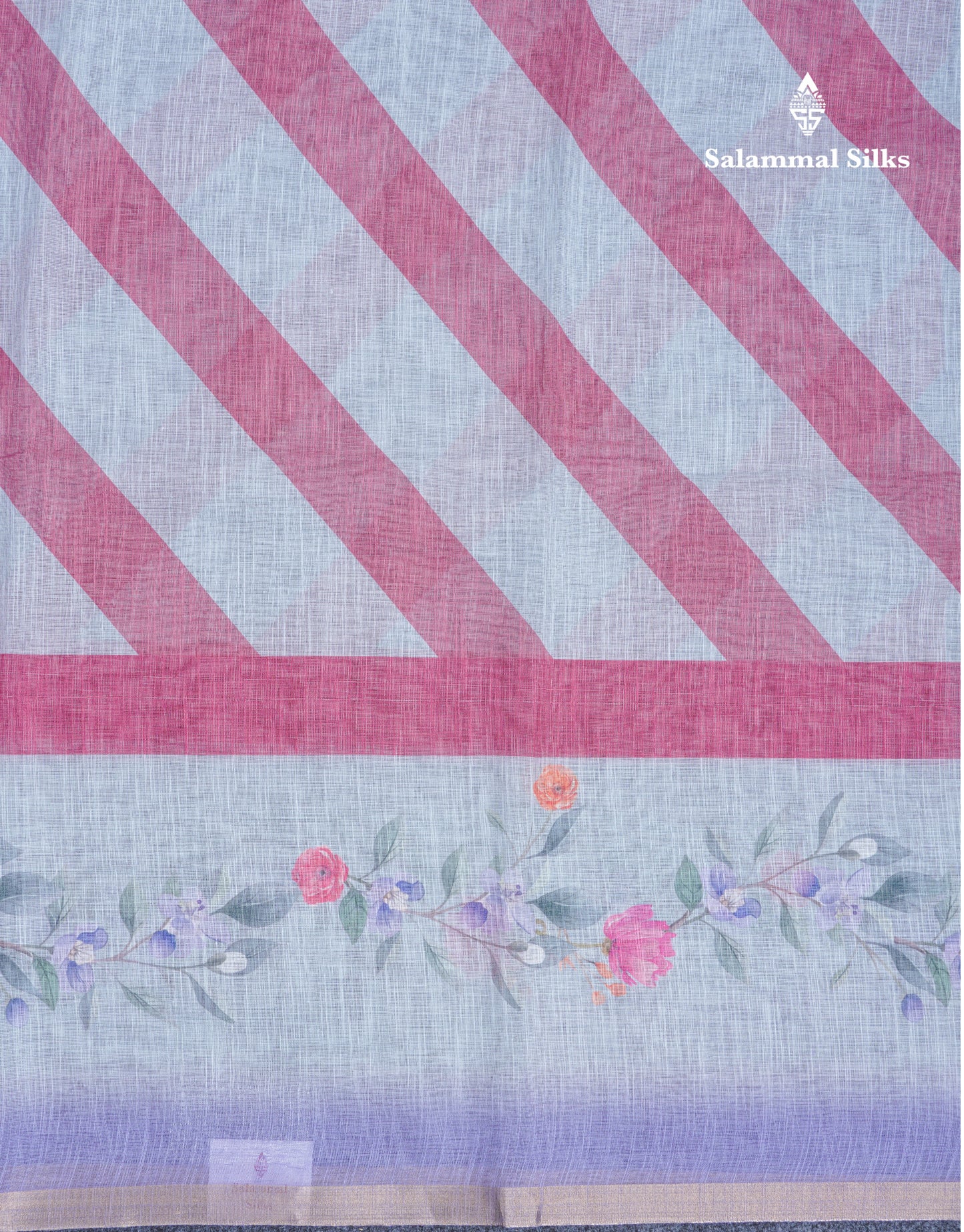 Beautiful Blueish Grey Linen Mix Saree With Flotal Print Small Ribbon Border