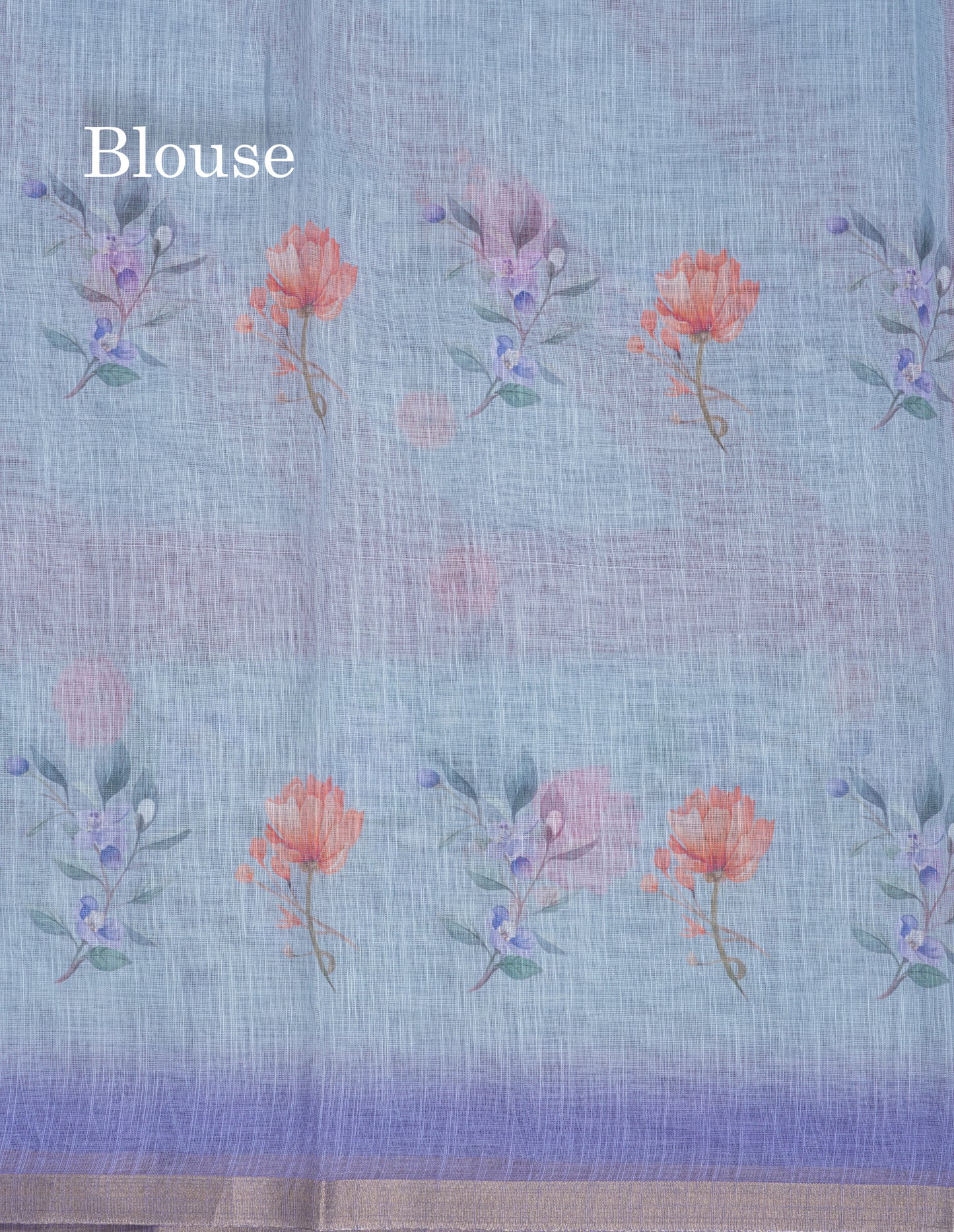 Beautiful Blueish Grey Linen Mix Saree With Flotal Print Small Ribbon Border