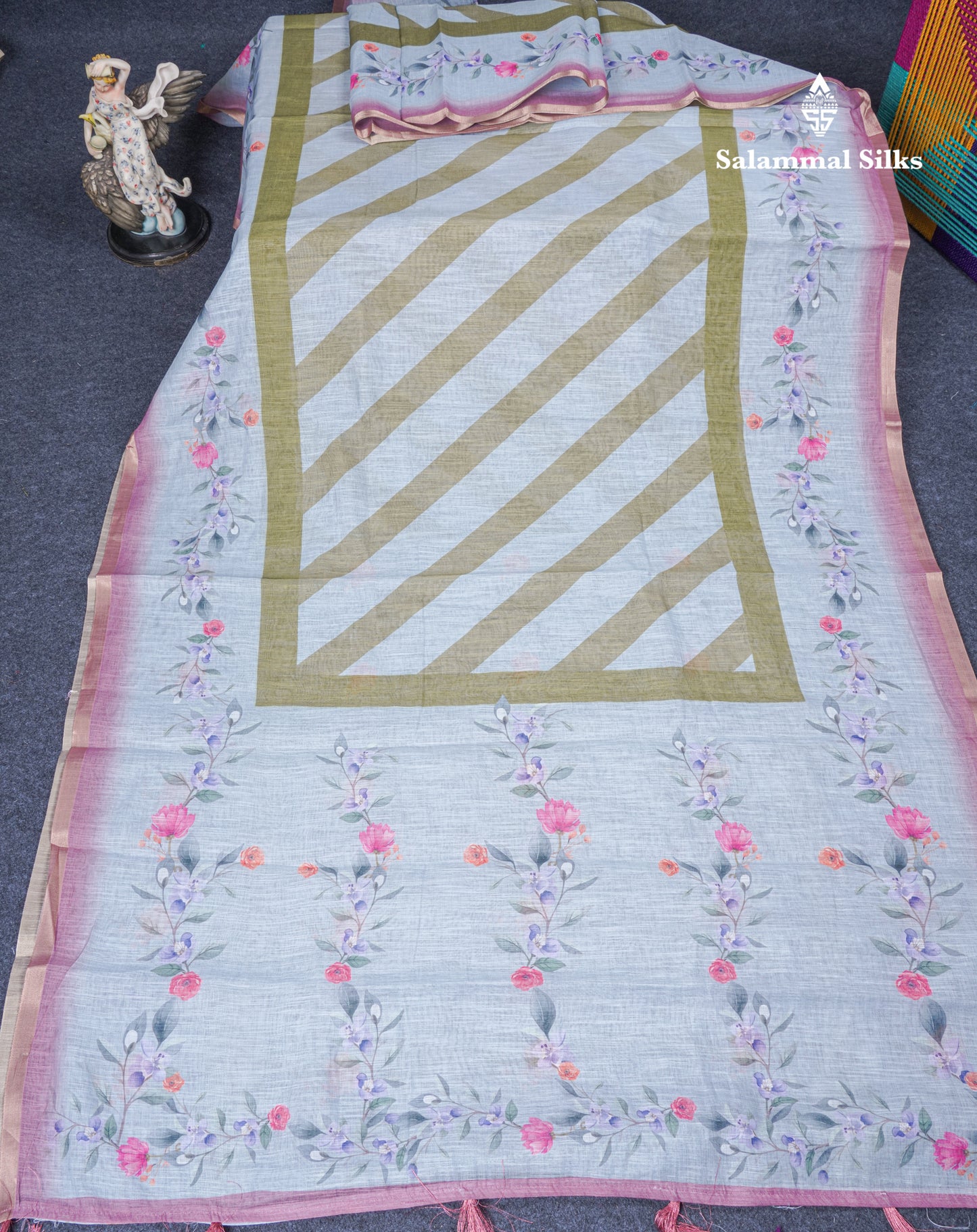 Beautiful Blueish Grey Linen Mix Saree With Flotal Print Small Ribbon Border