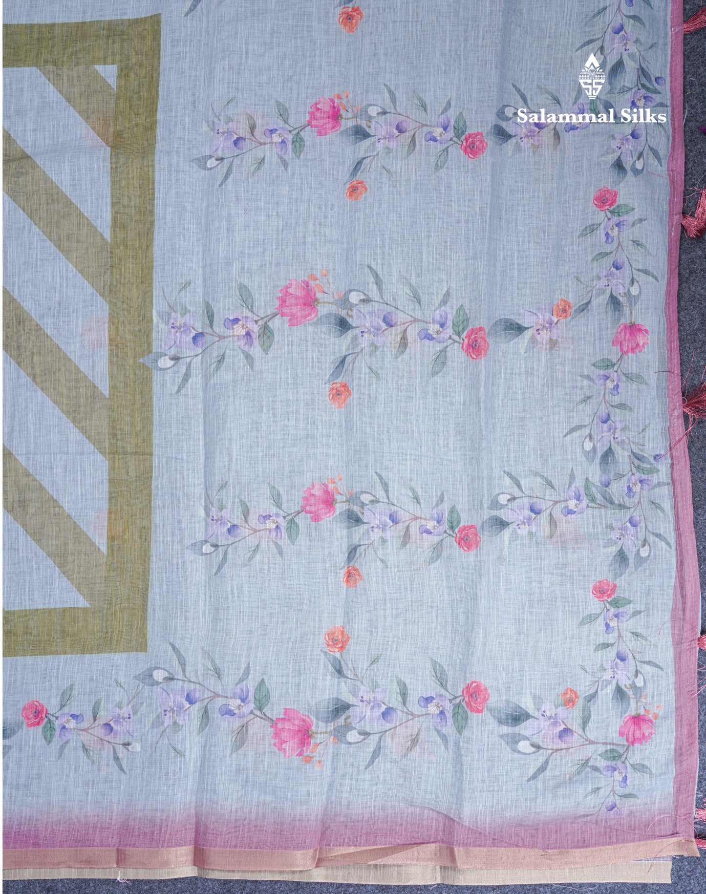 Beautiful Blueish Grey Linen Mix Saree With Flotal Print Small Ribbon Border