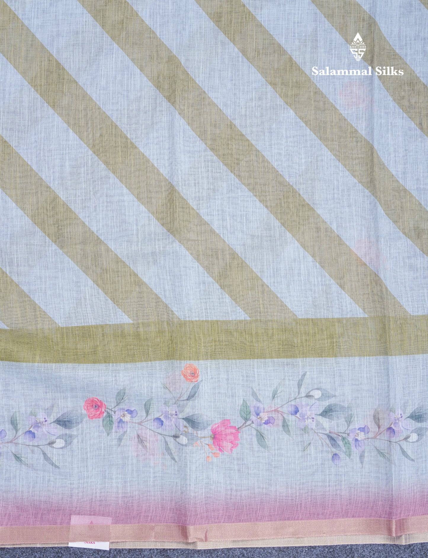Beautiful Blueish Grey Linen Mix Saree With Flotal Print Small Ribbon Border