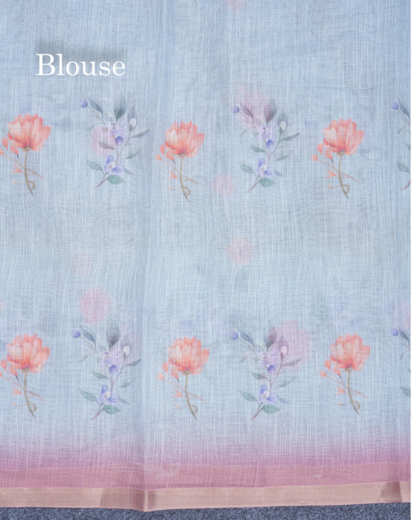Beautiful Blueish Grey Linen Mix Saree With Flotal Print Small Ribbon Border