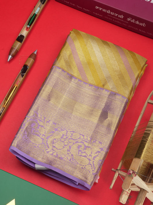 Gold Colour Tissue Pure Kanjivaram Silk Saree With Contrast Lavender Border