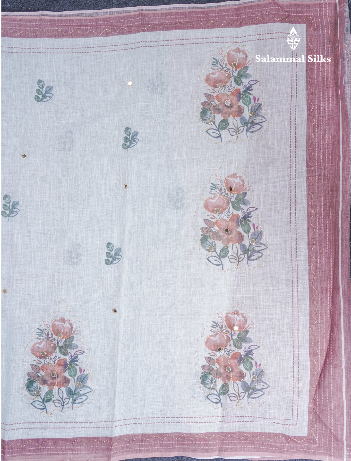 Beautiful White Mirror Work Linen Mix Saree With Contrast Brown Embroidery Zari Border