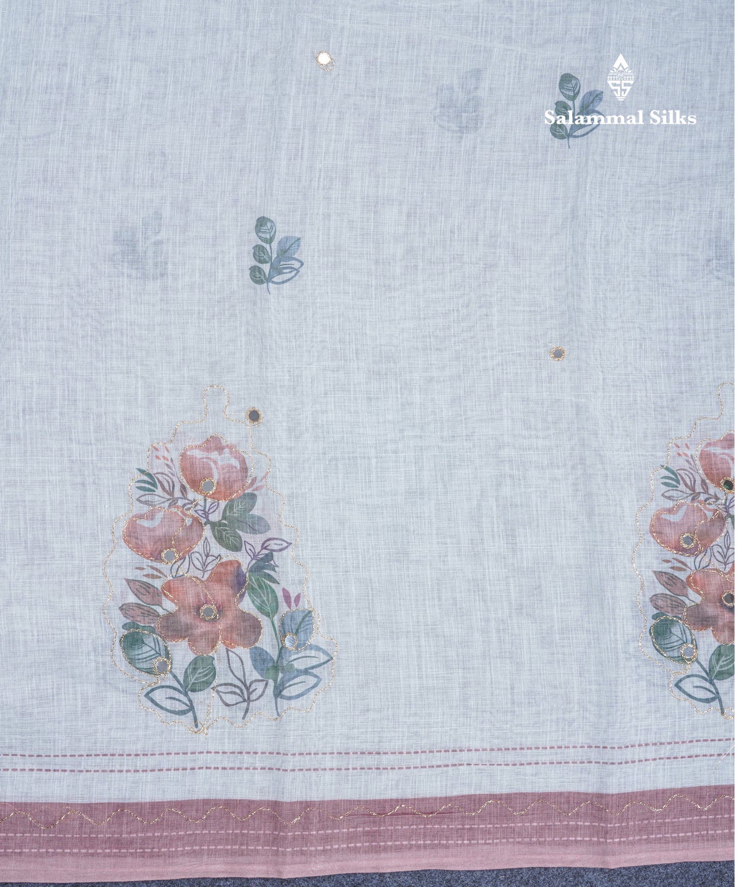 Beautiful White Mirror Work Linen Mix Saree With Contrast Brown Embroidery Zari Border