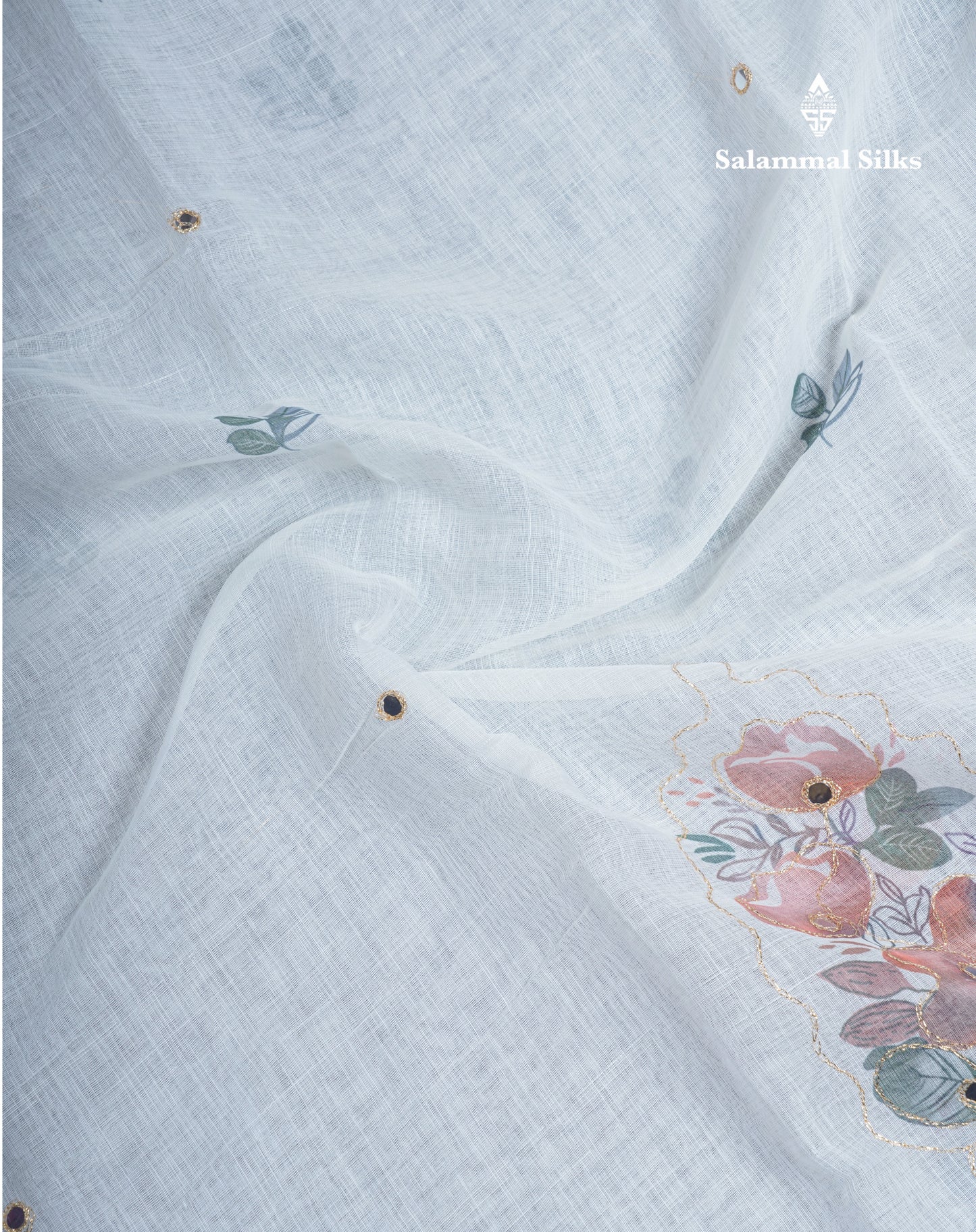 Beautiful White Mirror Work Linen Mix Saree With Contrast Brown Embroidery Zari Border