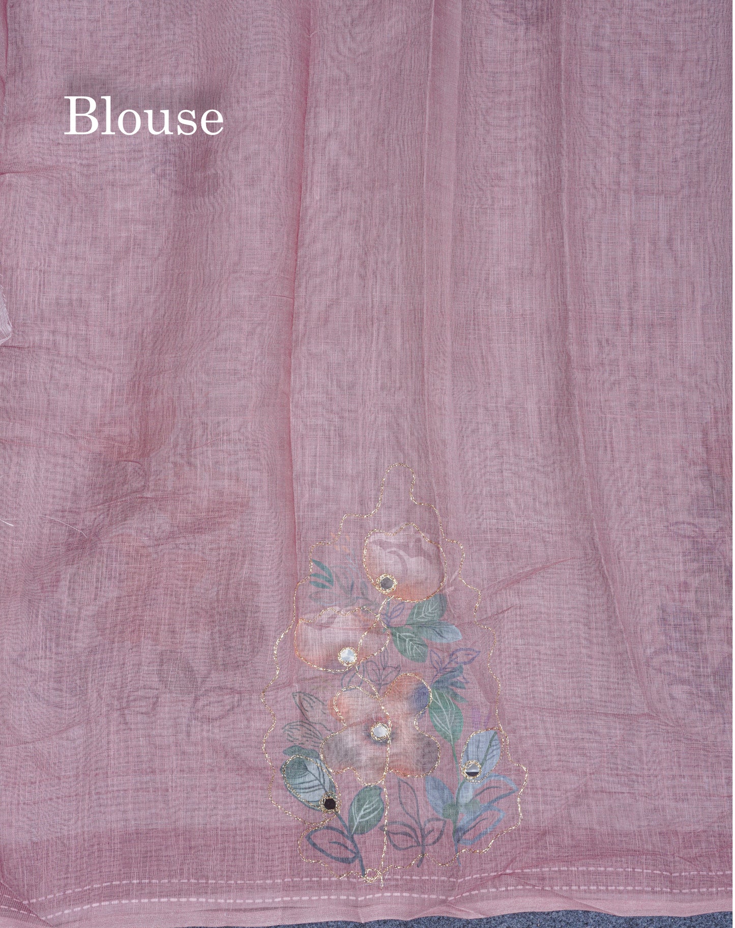 Beautiful White Mirror Work Linen Mix Saree With Contrast Brown Embroidery Zari Border