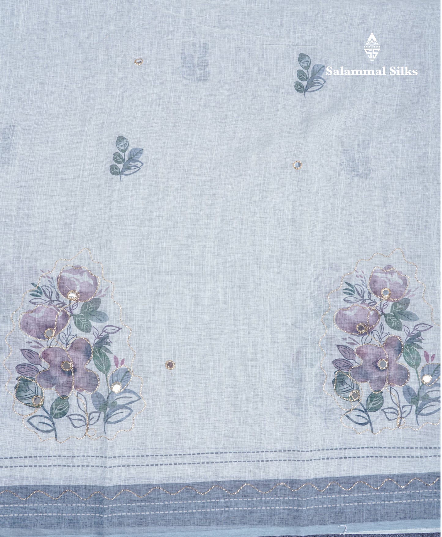 Beautiful White Mirror Work Linen Mix Saree With Contrast Brown Embroidery Zari Border