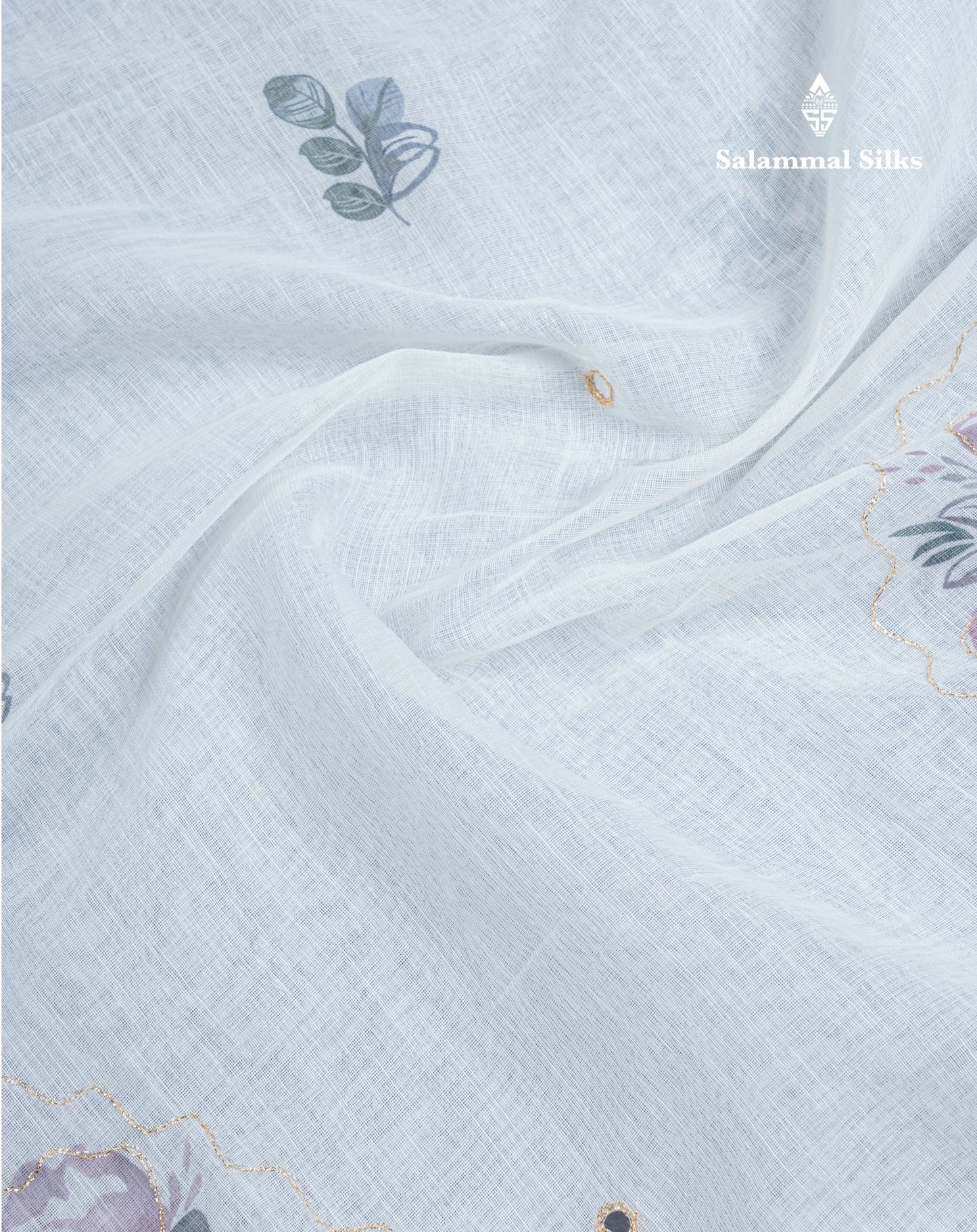 Beautiful White Mirror Work Linen Mix Saree With Contrast Brown Embroidery Zari Border