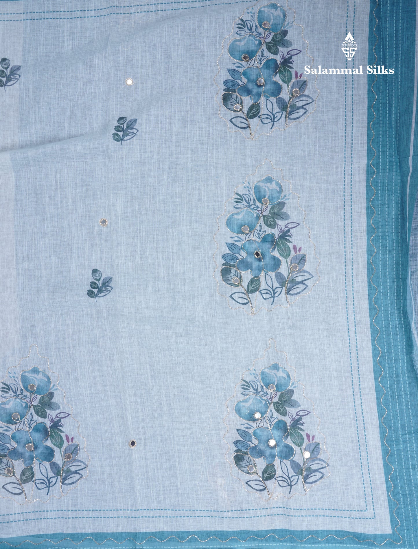 Beautiful White Mirror Work Linen Mix Saree With Contrast Brown Embroidery Zari Border