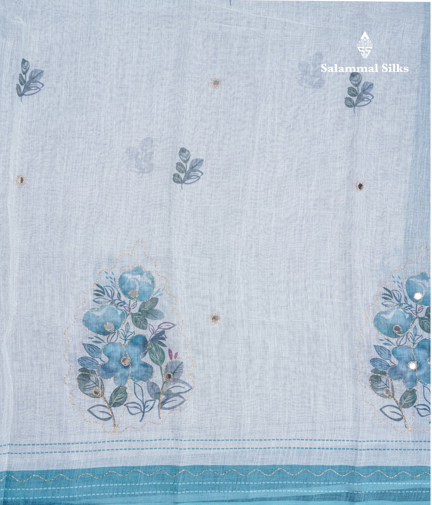 Beautiful White Mirror Work Linen Mix Saree With Contrast Brown Embroidery Zari Border