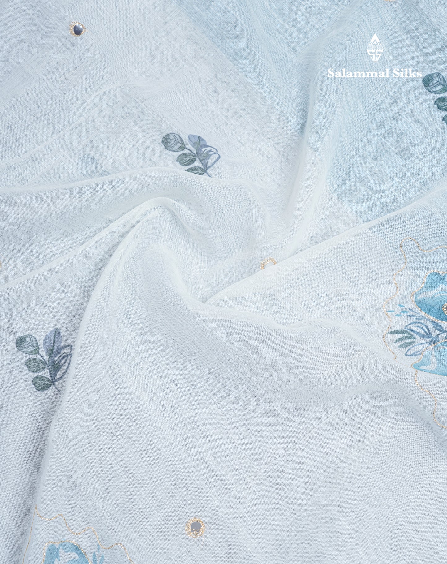 Beautiful White Mirror Work Linen Mix Saree With Contrast Brown Embroidery Zari Border