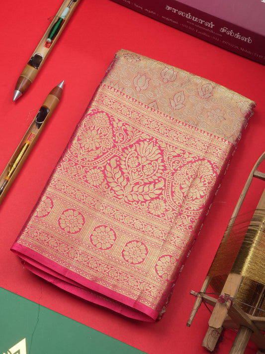 Light Pink Colour Tissue Pure Kanjivaram Silk Saree With Long Gold Zari Border