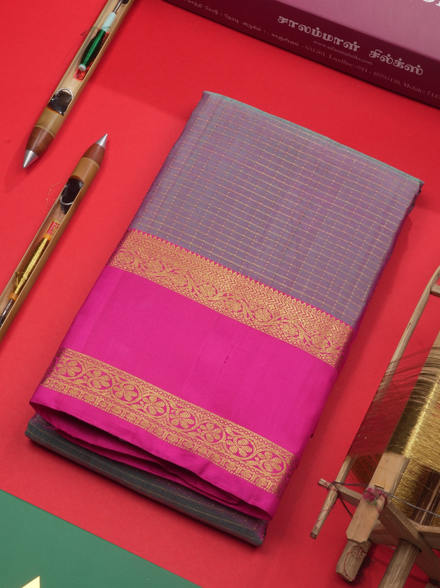 Kanjivaram Beautiful Dualtone Greenish Pink Checks Pure Silk Saree With Pink Gap Border