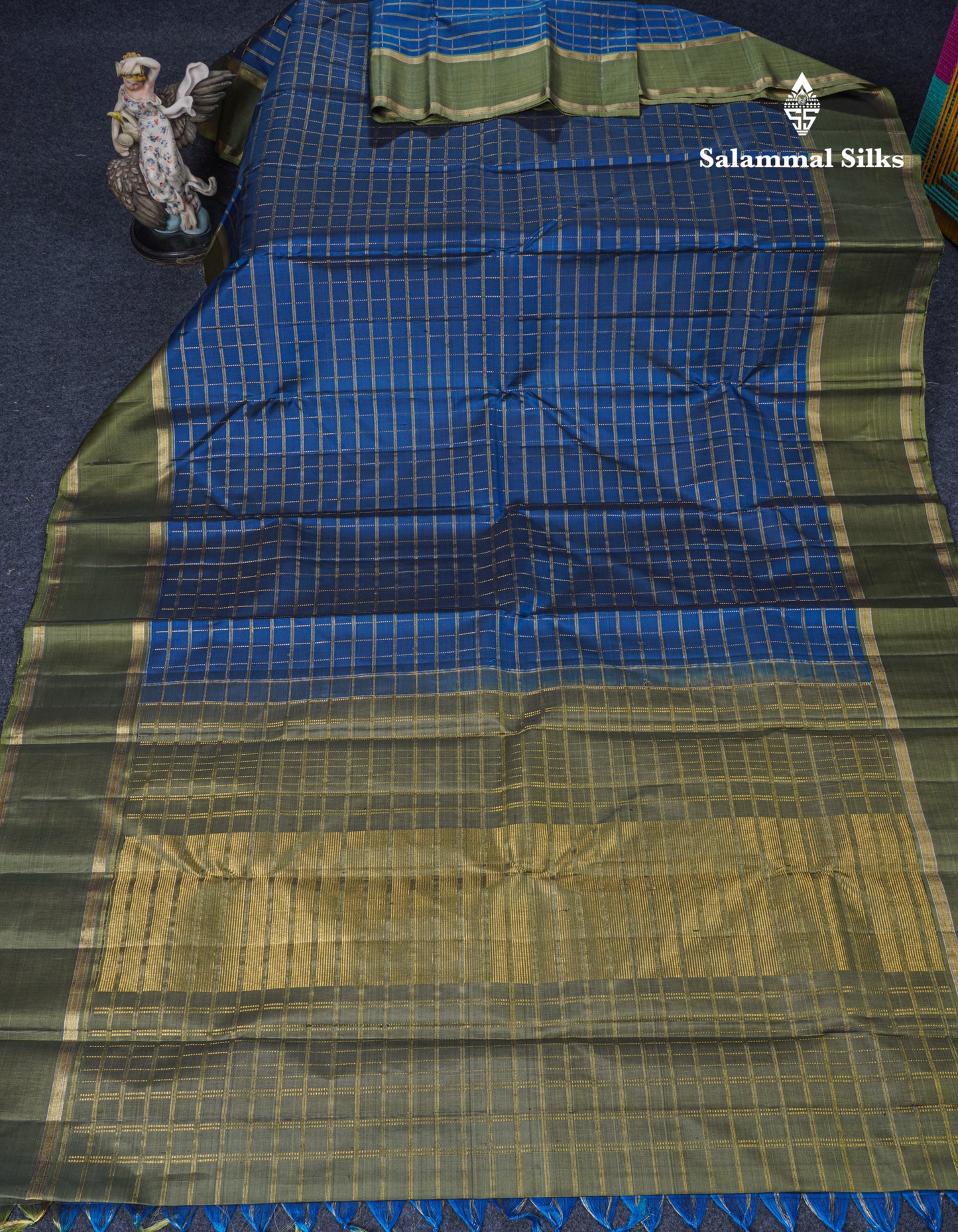 Ramar Blue Zari Checks Pure Kanjivaram Silk Saree With Contrast Army Green Traditional Rettapet Border