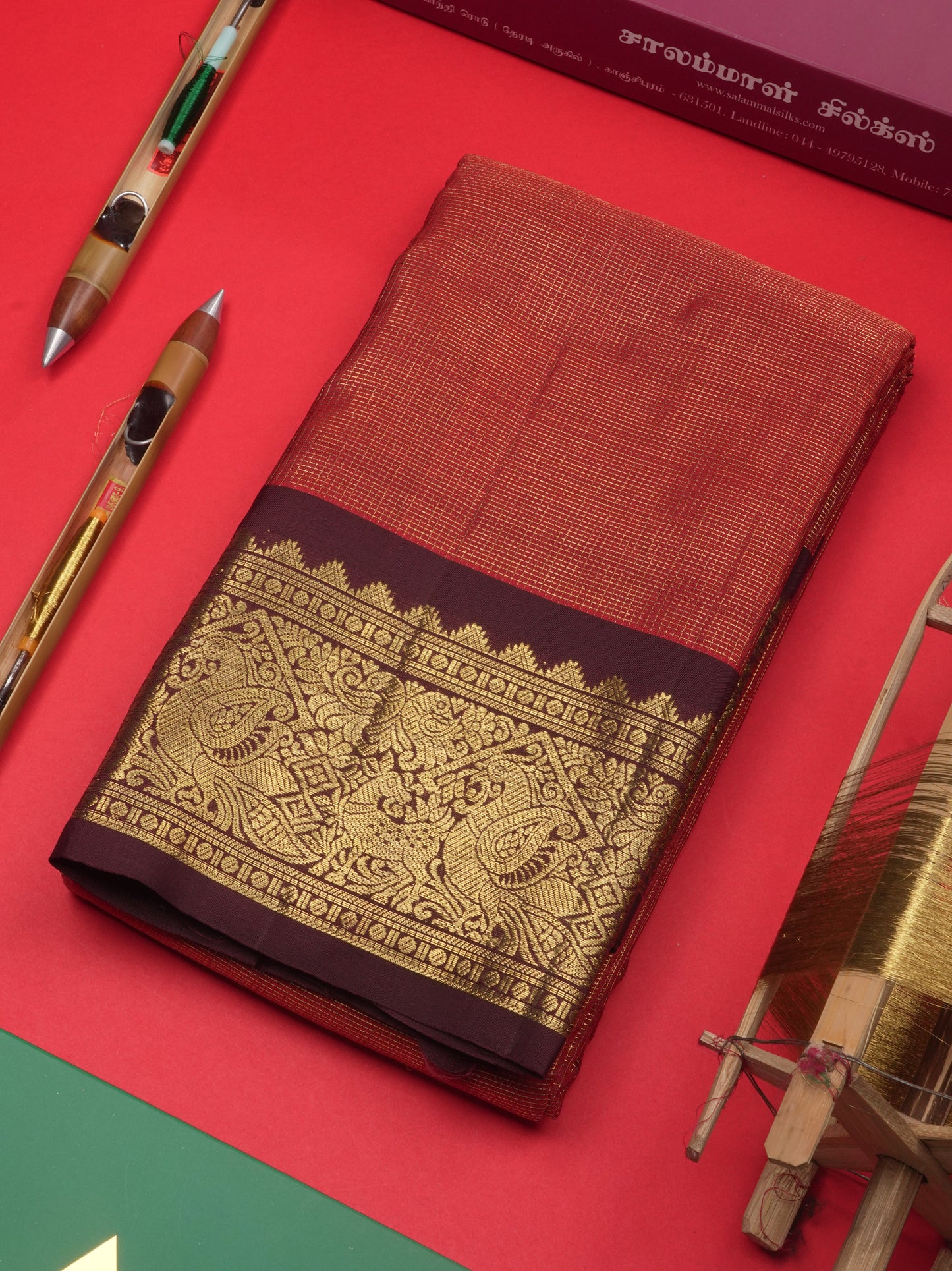 2G Pure Kanjivaram Silk Saree Rust orange Tiny Zari Checks body With Contrast Dark Brown Border