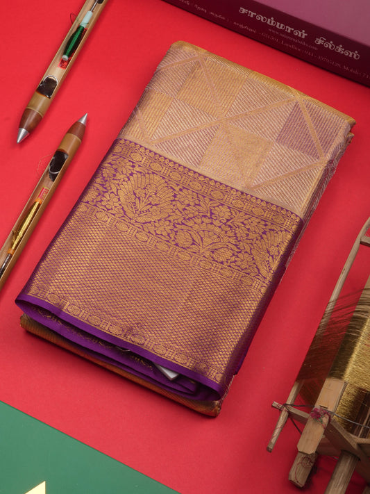 Copper Colour Tissue Pure Kanjivaram Silk Saree With Contrast Violet Border