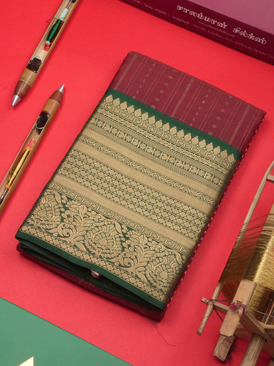 Brown Colour Pure Kanjivaram Silk Saree with Bottle Green Border