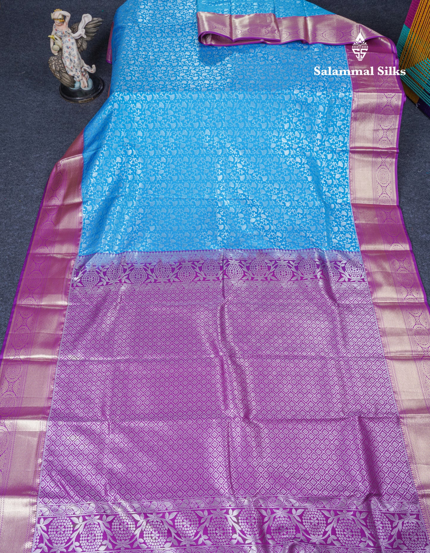 Sky Blue Bridal Semi Silk Saree With Contrast Vadamalli Border