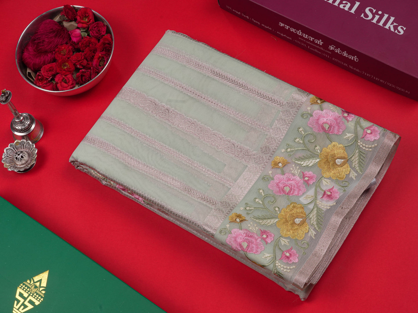 Pista Green Colour Semi Organza Saree With Embroidery Border