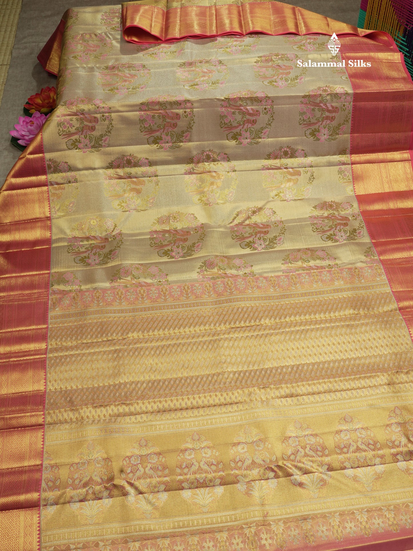 Beautiful Gold Tissue Bridal Pure Kanjivaram Silk Saree With Contrast Pink Traditional Border