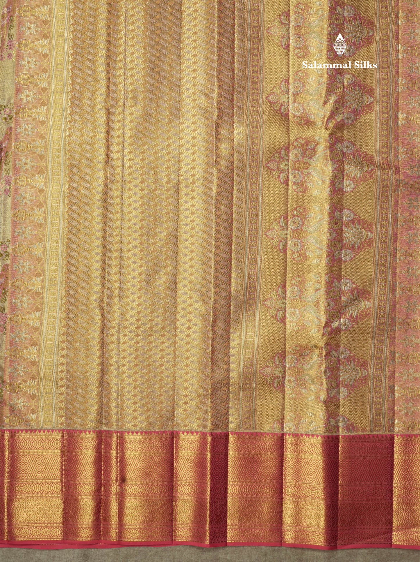 Beautiful Gold Tissue Bridal Pure Kanjivaram Silk Saree With Contrast Pink Traditional Border