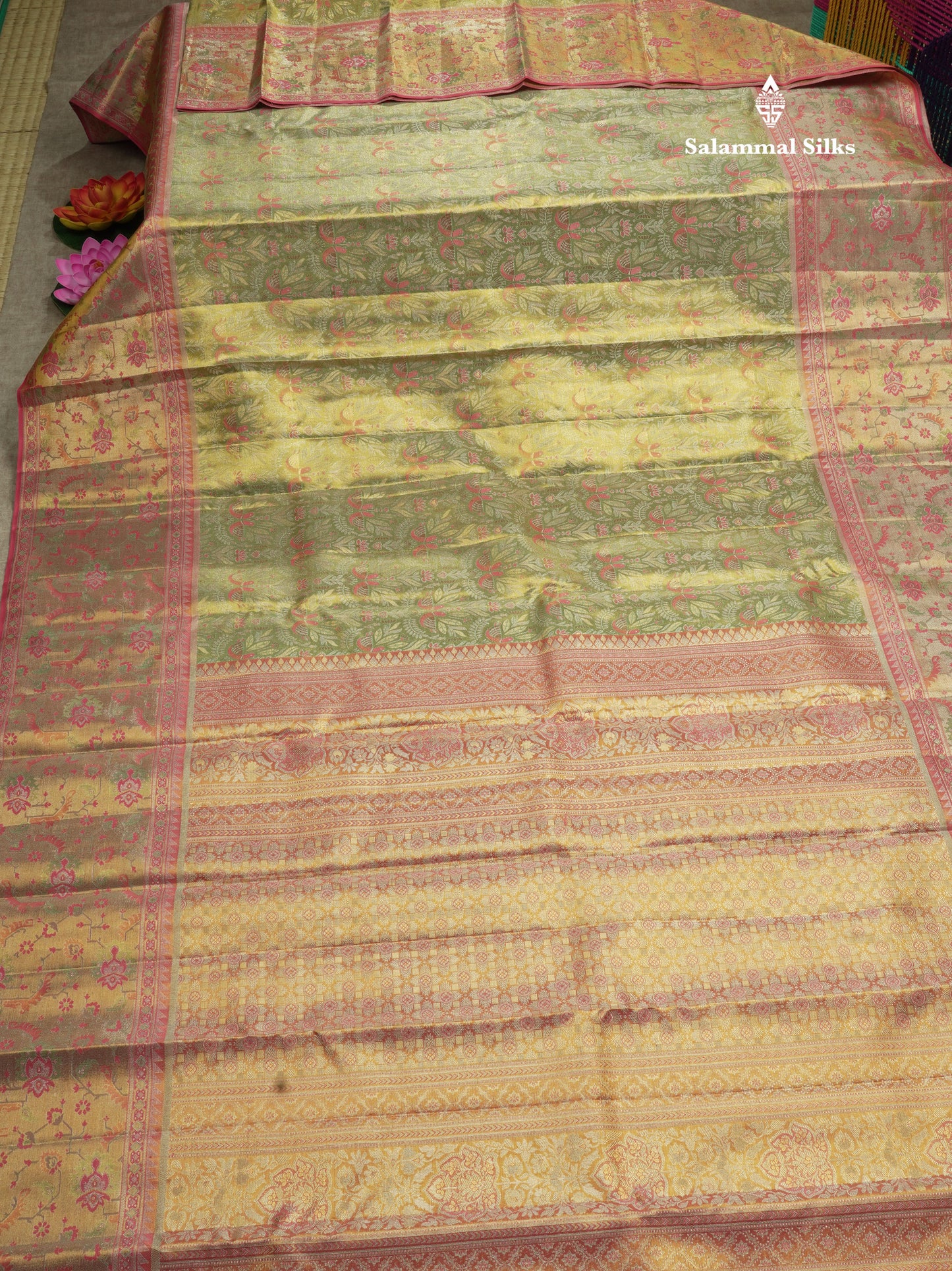 Beautiful Light Green Tissue Bridal Pure Kanjivaram Silk Saree With Contrast Meenakari Work  Light Pink Border