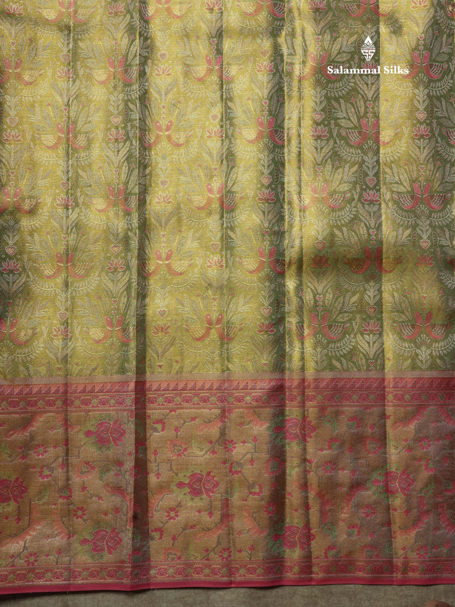 Beautiful Light Green Tissue Bridal Pure Kanjivaram Silk Saree With Contrast Meenakari Work  Light Pink Border