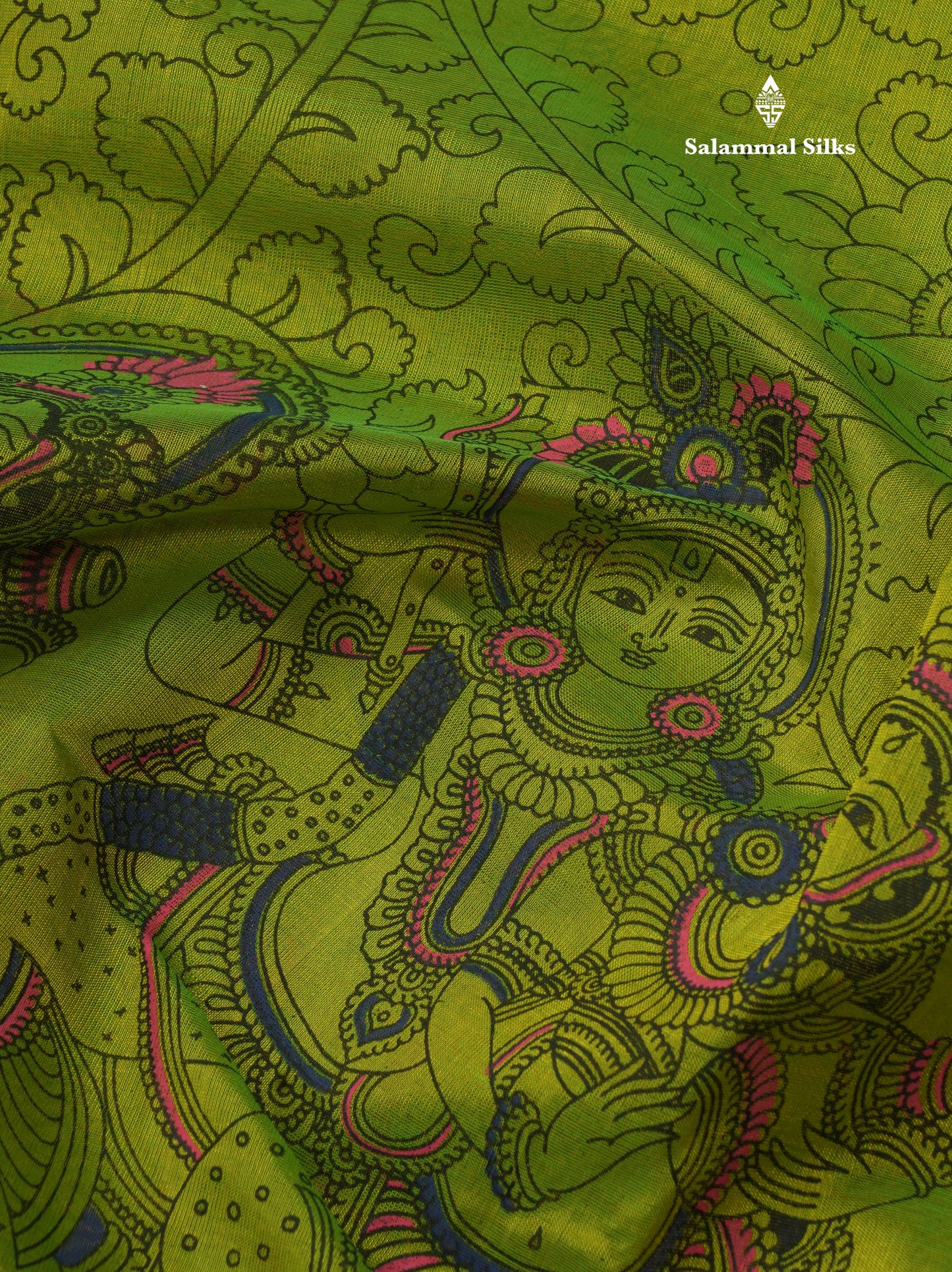 Beautiful Orangish yellow Kalamkari Design Pure Silk Cotton Saree With Ganga Jamuna Border
