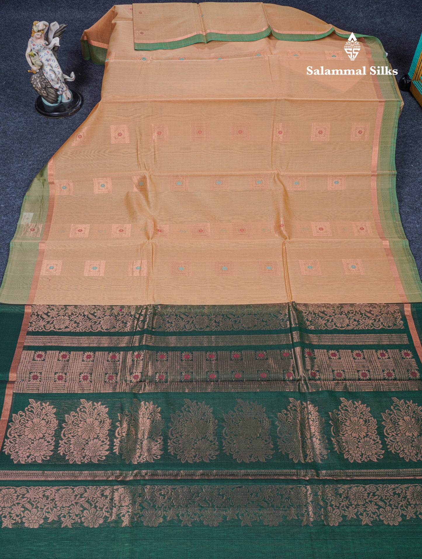 Beautiful Sandal Meenakari Work SICO Cotton Saree With Contrast Bottle Green Blouse
