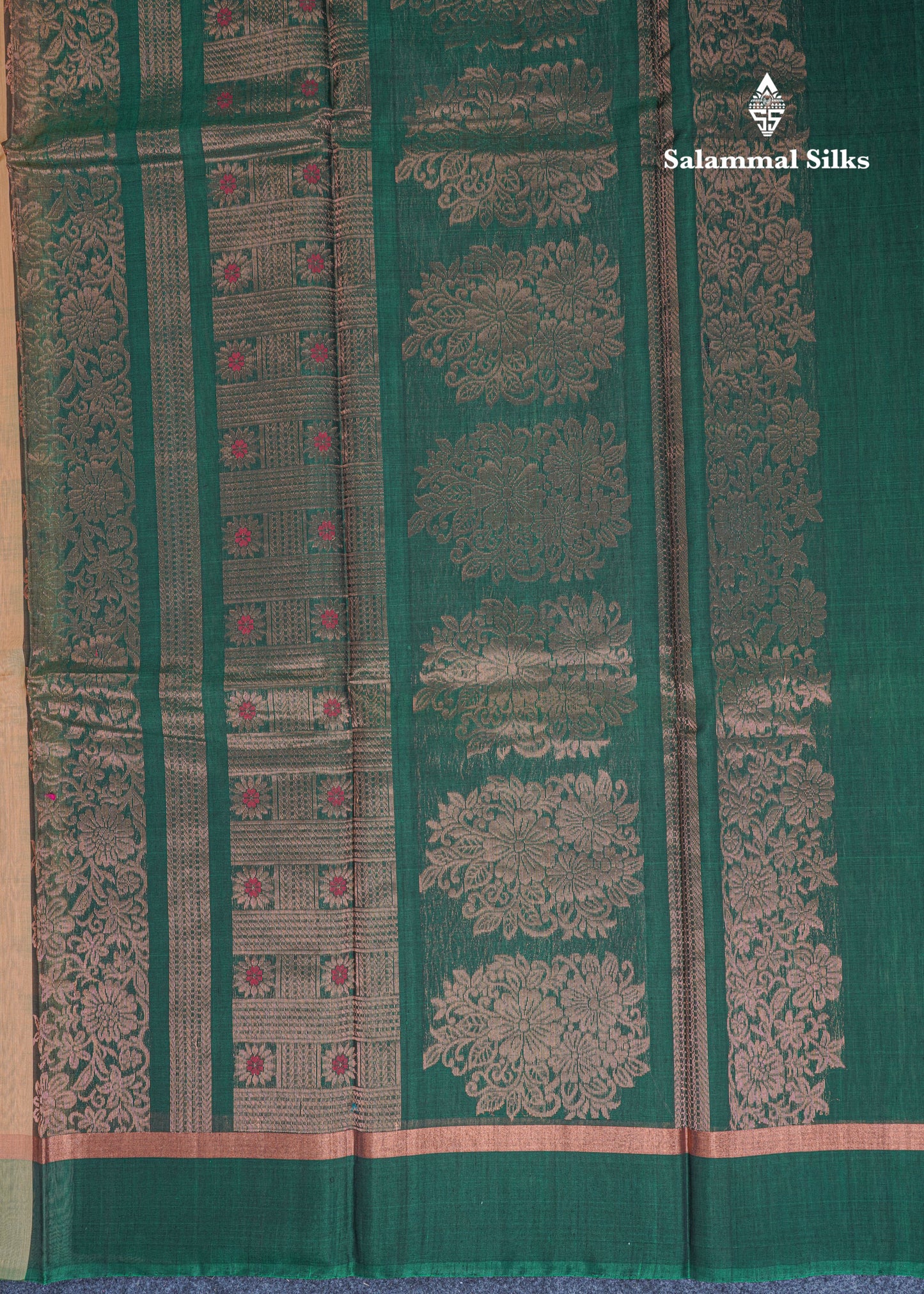 Beautiful Sandal Meenakari Work SICO Cotton Saree With Contrast Bottle Green Blouse