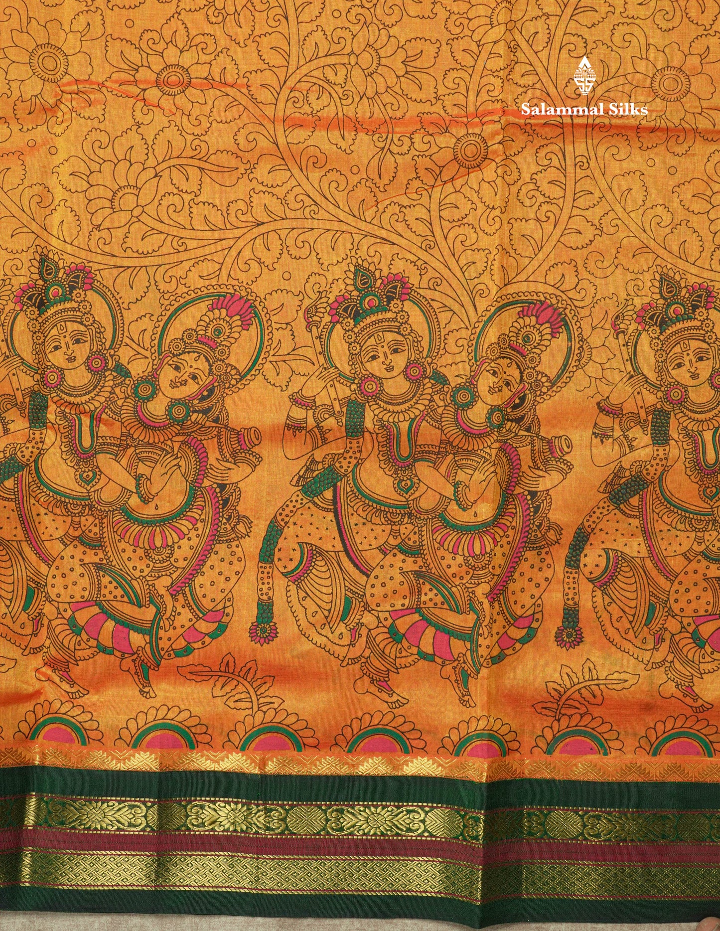 Beautiful Orangish yellow Kalamkari Design Pure Silk Cotton Saree With Ganga Jamuna Border