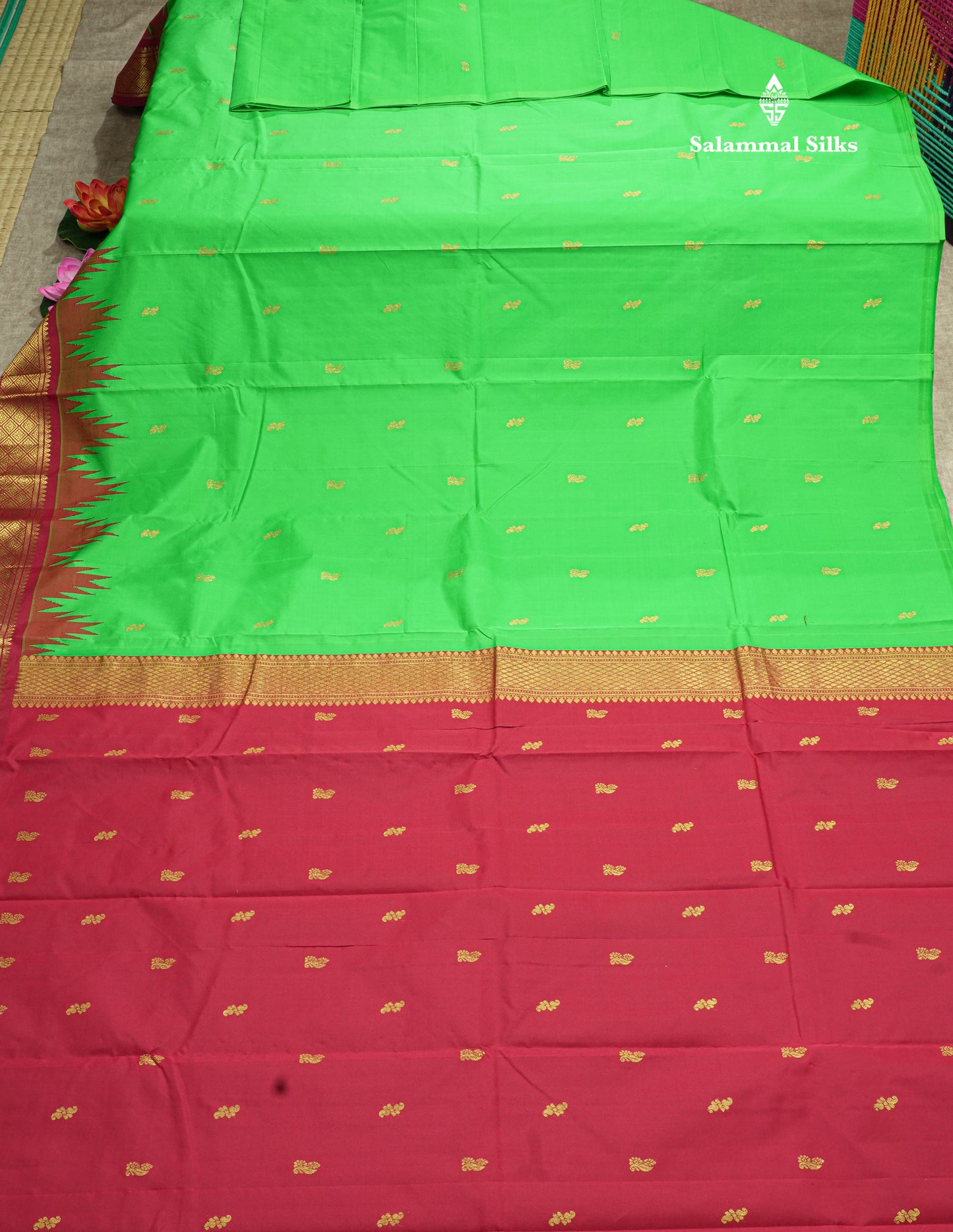 Mango Yellow Pure Mix Saree With One Side Maroon Traditional Temple Border