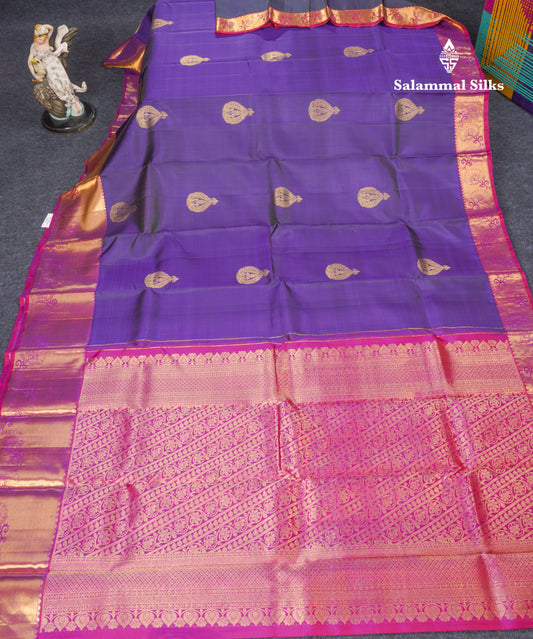Dual Tone Violet Pure Kanjivaram Silk Saree With Contrast Pink Evening Morning Border