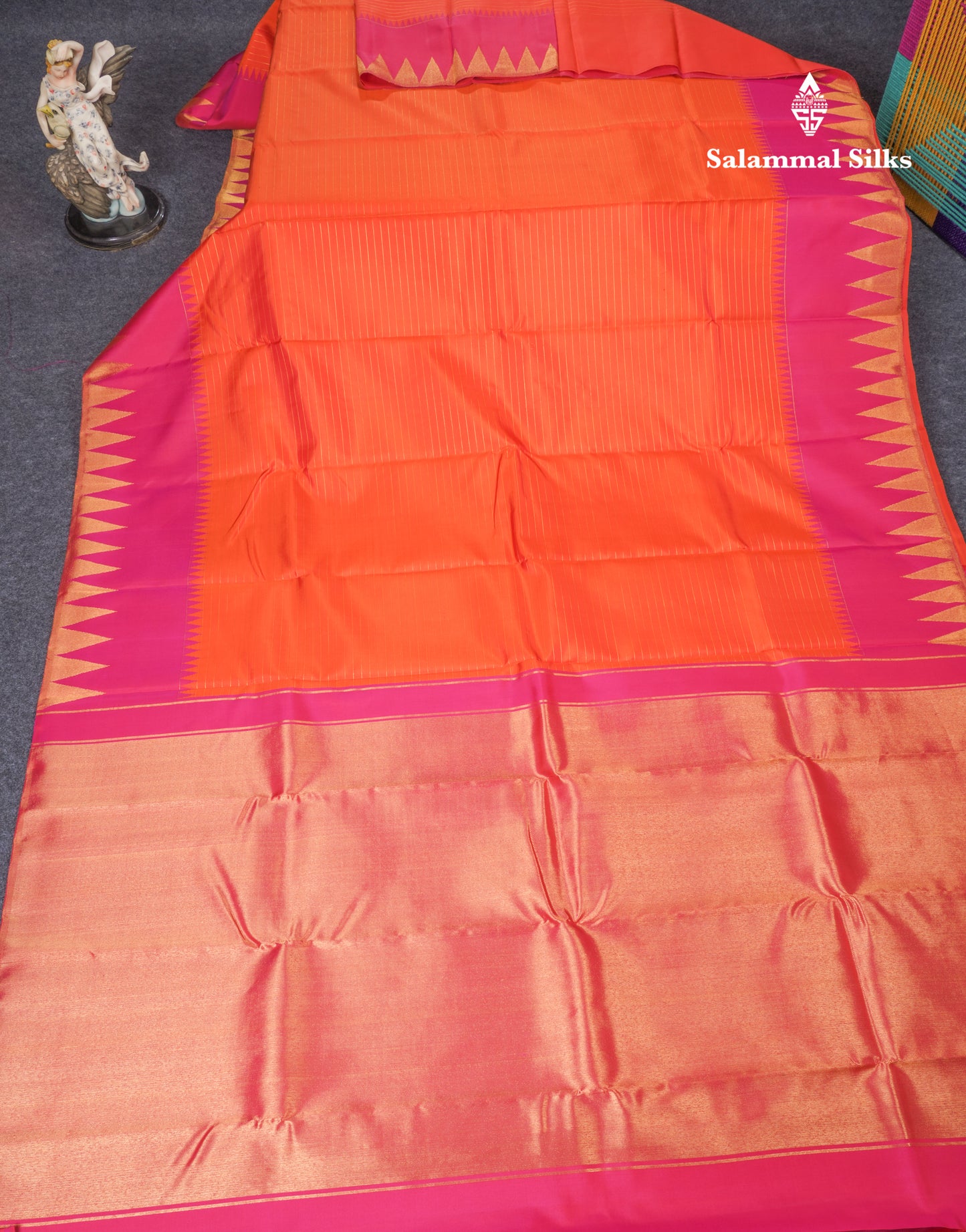 Orange Pure Kanjivaram Silk Saree With Contrast Pink 8 Kol Temple Border