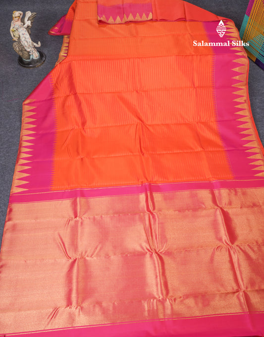 Orange Pure Kanjivaram Silk Saree With Contrast Pink 8 Kol Temple Border