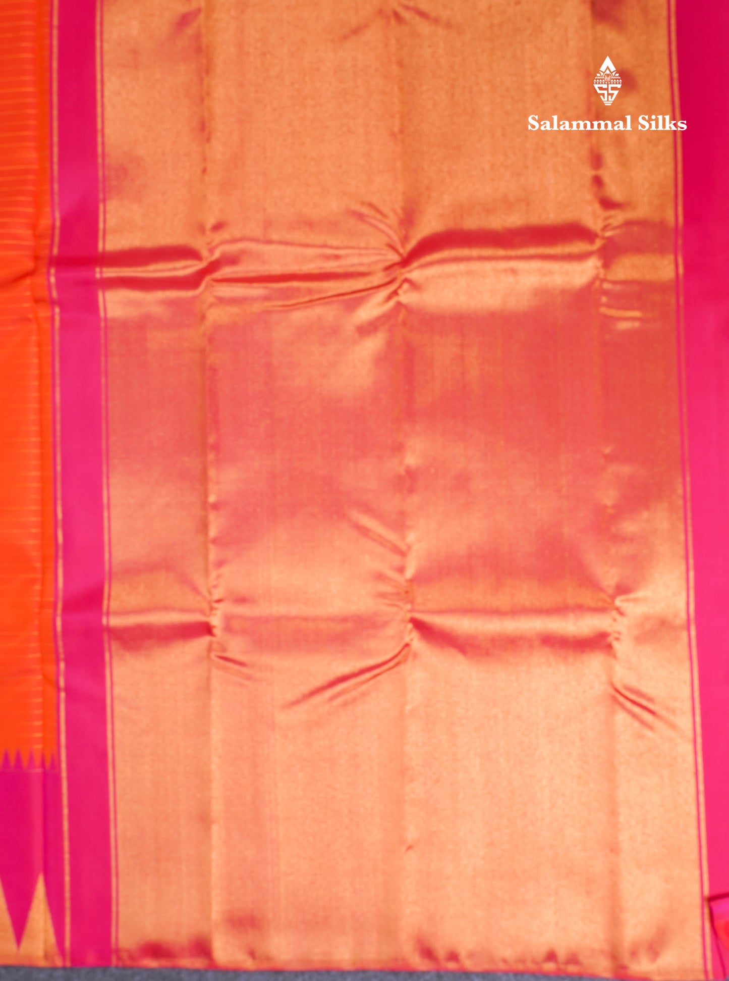 Orange Pure Kanjivaram Silk Saree With Contrast Pink 8 Kol Temple Border