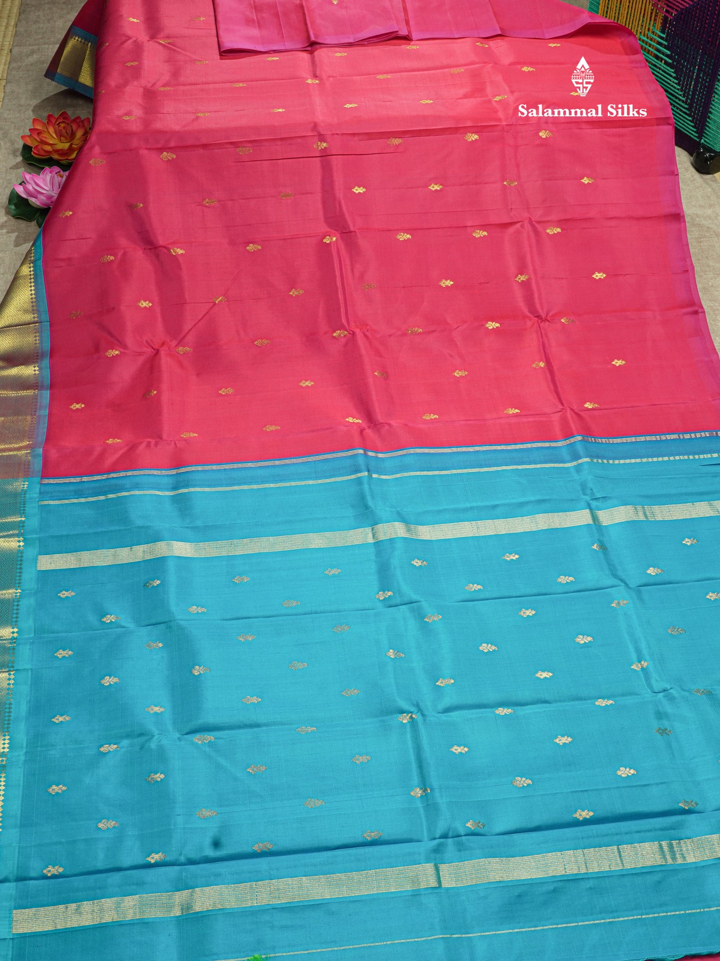 Pink Pure Kanjivaram Silk Saree With One Side Contrast Rama Blue Border
