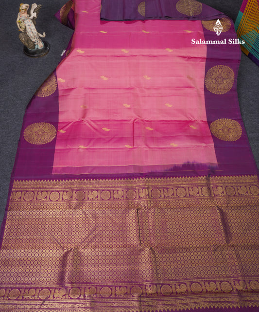 Light Pink Pure Kanjivaram Silk Saree With Contrast Dark Purple Fancy Border