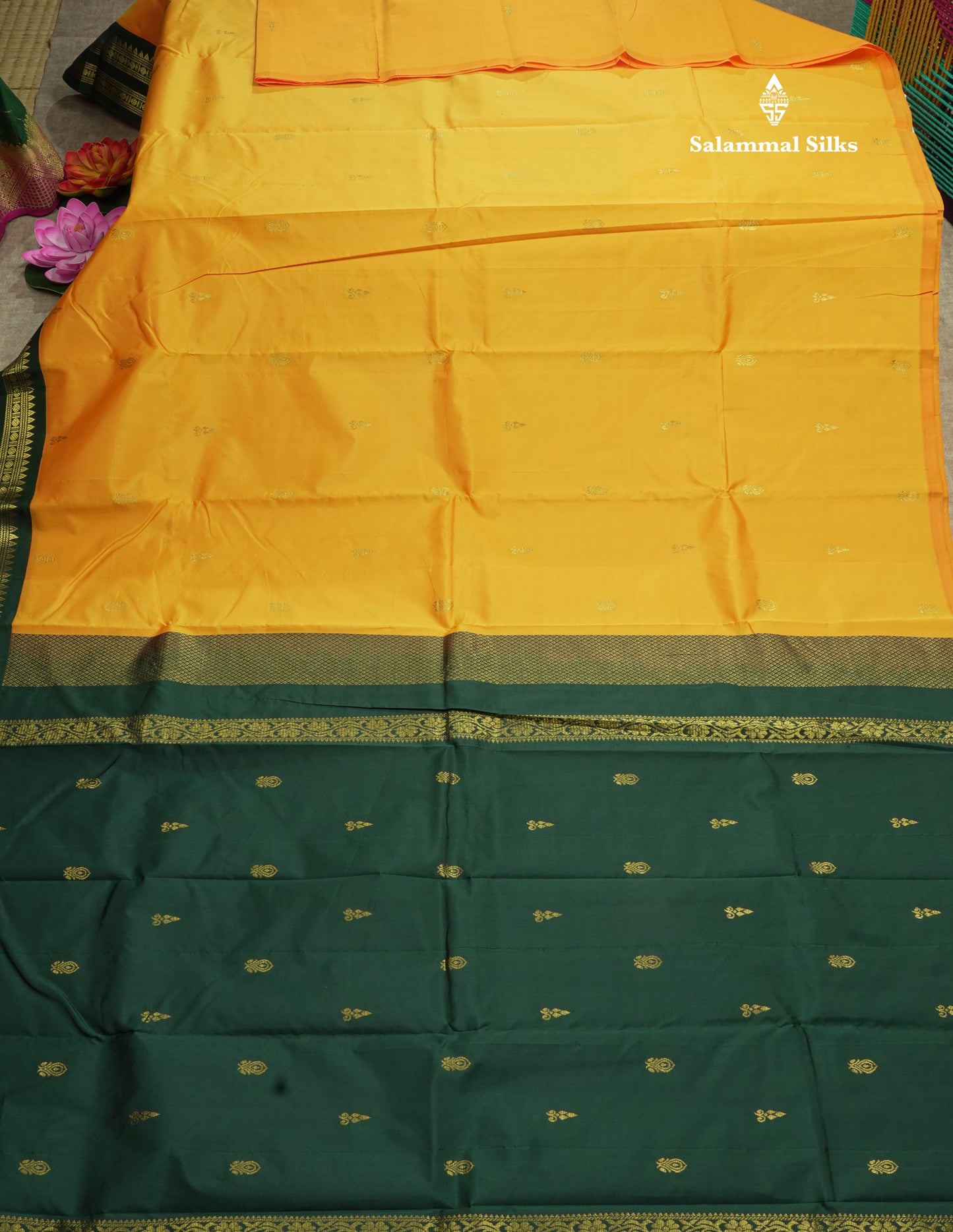 Yellow Pure Mix Saree With One Side Traditional Temple Bottle Green Border