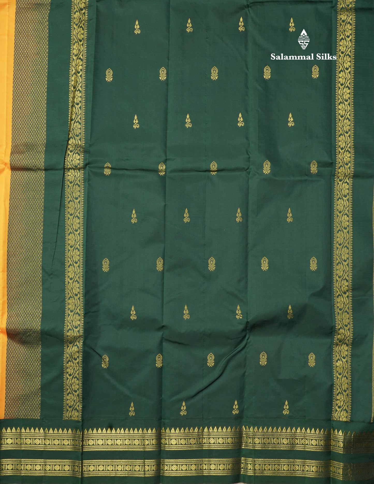 Yellow Pure Mix Saree With One Side Traditional Temple Bottle Green Border